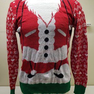 Well Worn Red Heart & Snowflake Print Santa Claus Christmas Holiday Sweater